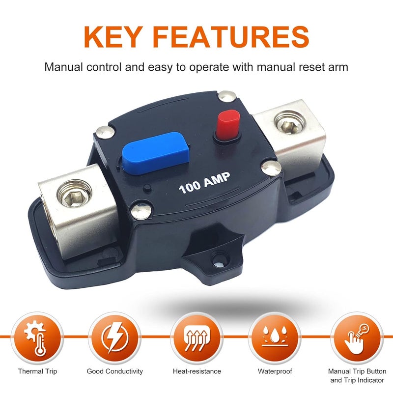 Erayco 250 Amp Circuit Breaker with Manual Reset, 12-48 Volt DC, 0-8 Gauge Trolling Motor Car Stereo Audio Inline Fuse Block Holders Inverter for Automotive Rv Marine Boat (250A) - Image 4